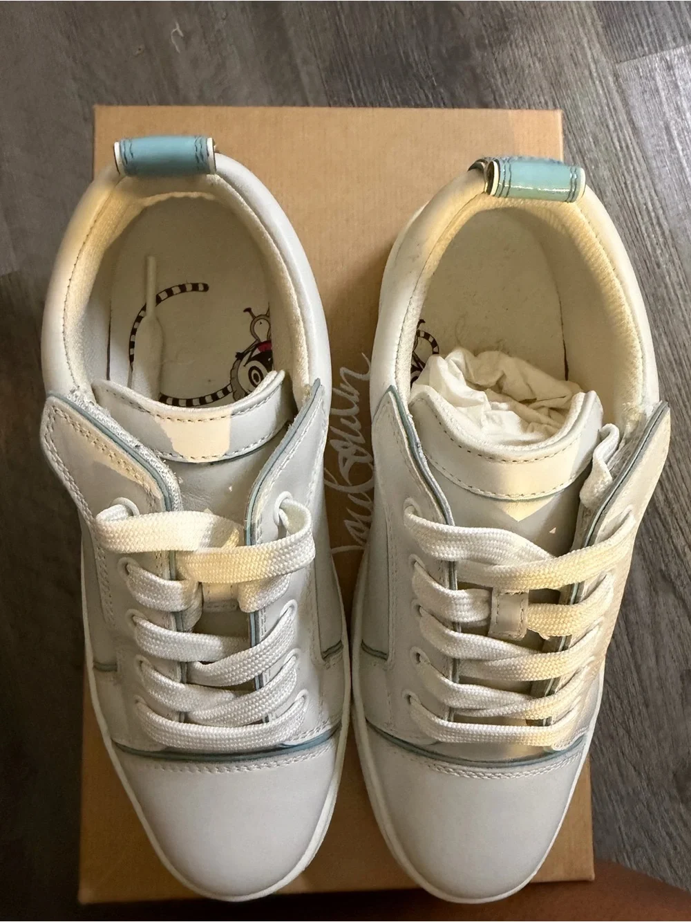 Christian Louboutin White Sneakers with Light Blue Heel Accent